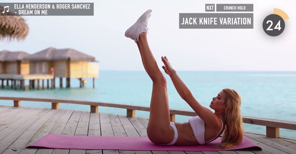 Jack Knit Variation  平躺在瑜伽墊上，維持剛剛雙腿、雙手舉起觸碰的動作，然後慢慢放下雙腿，但緊記不要接觸到瑜伽墊！然後再利用腹肌的力量將雙腿帶起；然後雙手向後躺。接下來重複動作並維持30秒。