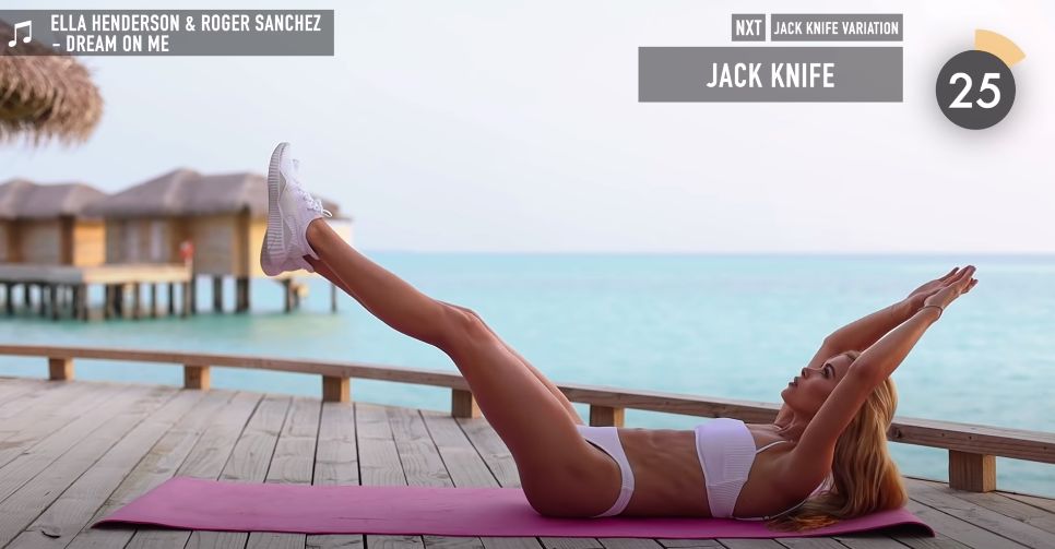 Jack Knife  平躺在瑜伽墊上，舉起雙腿與雙手，利用腹肌的力量，將雙腿以及雙手帶起，互相觸碰後慢慢放下，再重複動作。維持動作30秒即可。