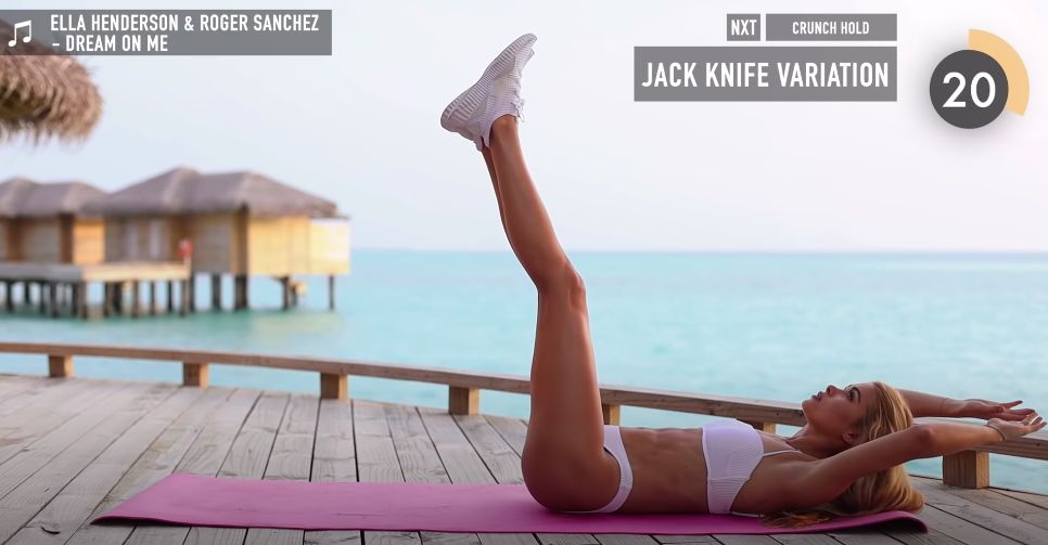 Jack Knit Variation  平躺在瑜伽墊上，維持剛剛雙腿、雙手舉起觸碰的動作，然後慢慢放下雙腿，但緊記不要接觸到瑜伽墊！然後再利用腹肌的力量將雙腿帶起；然後雙手向後躺。接下來重複動作並維持30秒。