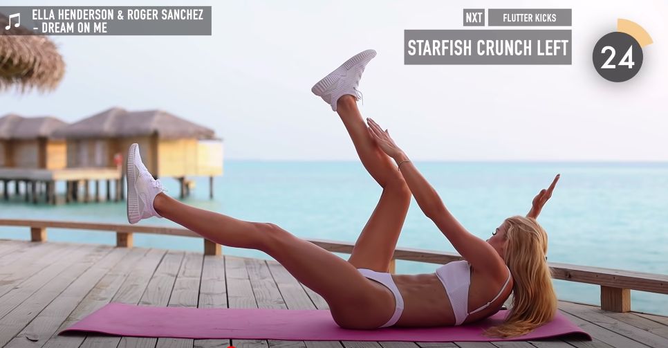 Starfish Crunch Lift  平躺在瑜伽墊上，雙腳舉起停留在半空中，左手觸碰右腳。這個動作只專注完成左腹肌的鍛練，維持30秒即可。