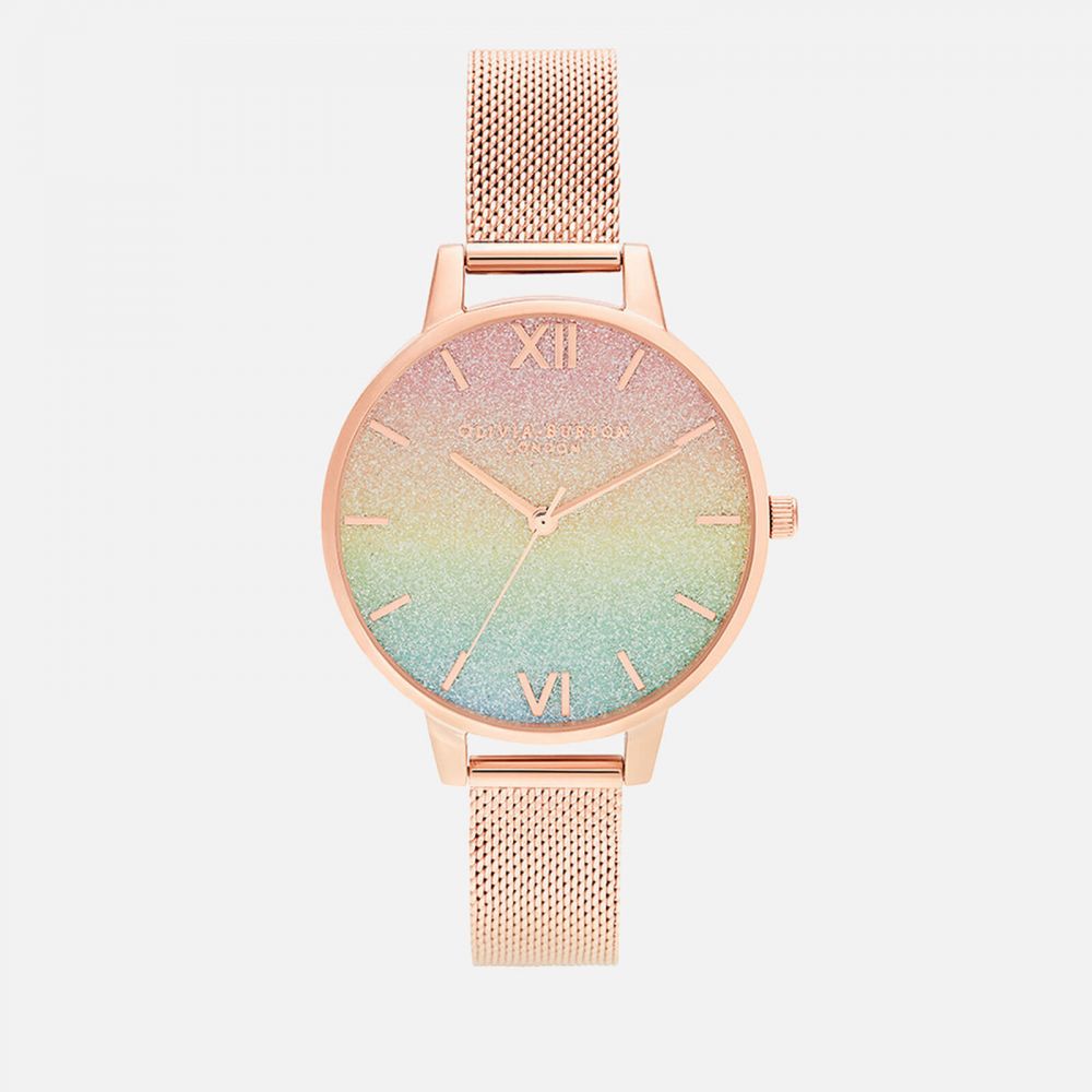 Olivia Burton Women's Rainbow Rainbow Glitter Dial Watch - Rose Gold Mesh 原價 £139 (約港元$1,407) | 7折優惠價 £97.3 (約港元$985)