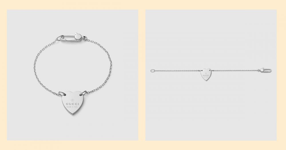 Heart bracelet with Gucci trademark（售價港幣$1,500）- 手鍊的心形印上GUCCI logo，銀色簡單耐看，任何穿搭都能輕鬆配襯。