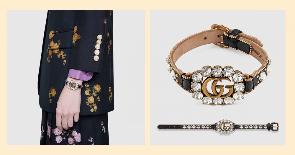 Leather bracelet with Double G（售價港幣$5,450）- 手帶的雙G標誌外圍以白色水晶點綴，黑色皮革突顯出閃亮的效果，項鍊更設有可調節搭扣開合。
