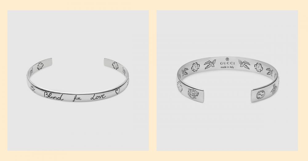 "Blind For Love" bracelet in silver（售價港幣$2,550）- 手鐲內外均刻上了細節，如心形、雀鳥、花朵等圖案，和"Blind For Love"字句，讓手鐲看起來富有特色。