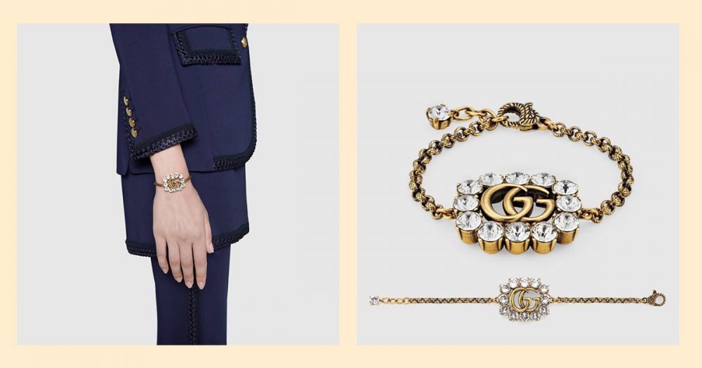 Crystal Double G bracelet（售價港幣$4,050）- 仿古金色水晶手鍊以水晶飾邊，閃亮效果營造出細緻的感覺。