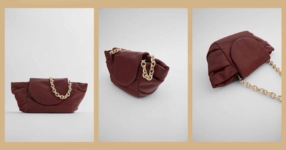 LEATHER SHOULDER BAG WITH PLEATS AND CHAIN #MAROON (原價HKD $1,199，現售HKD$699)