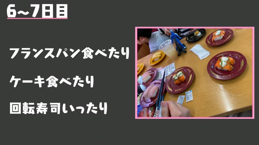 DAY6～7：  由於第6～7天是miey兒子的生日，所以她在早上吃了麵包、午餐則吃了蛋糕而晚餐則是迴轉壽司。