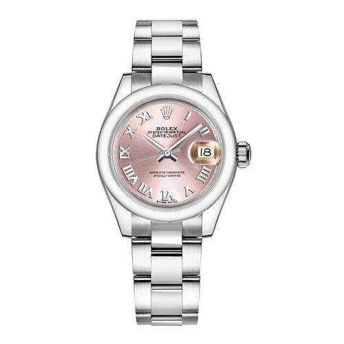 5. Oyster Perpetual Lady-Datejust HKD 54,100 ｜ 錶盤28毫米。 鍾情於小巧表面的女士們，可以選擇28mm錶盤的Lady-Datejust。清新淡雅的粉紅色錶面與紀念型錶帶的結合，顯得更加精緻華麗，同樣作為勞力士的經典女裝腕錶，所呈現的感覺卻別具一格，加上5萬出頭的價格，接受度相對地高，是不少女士們的熱愛款式。
