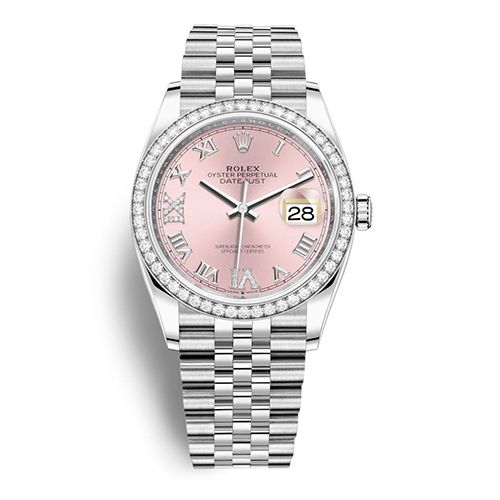 10. Oyster Perpetual Datejust 36 HKD 140,900 ｜ 錶盤36毫米。 錶面羅馬數字VI及IX鑲嵌24顆鑽石。飾以鑽石外圈，令錶殼呈現極致奢華風格，高調華麗的款式，絕對能展現高貴身份象徵。