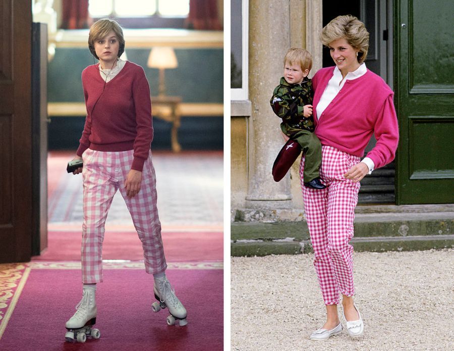 造型7：左圖時80年代中期戴安娜王妃在鄉間別墅Highgrove House，抱著蹣跚學步的哈里王子。《王冠》中Corrin穿著類似的服裝，重新演繹戴安娜首次進入宮殿，並在走廊上玩直排輪的一幕。