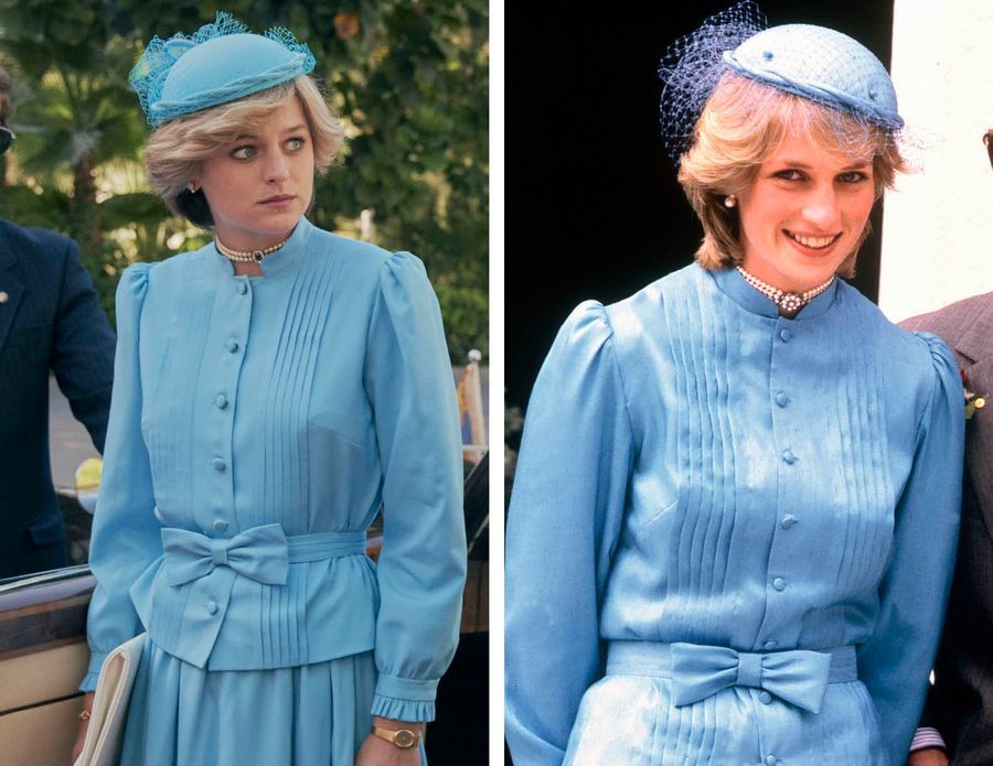 造型10：戴安娜王妃穿著水藍色套裝，陪同查爾斯王子拜訪澳洲。雖然劇中服裝的顏色略有不同，但腰間的蝴蝶結腰帶、上衣的鈕扣和禮帽都是「高度還原」。