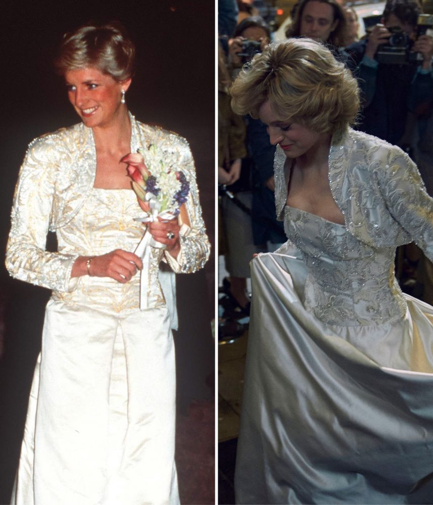 造型16：1989年2月，戴安娜王妃獨自前往紐約，此行吸引了人們圍觀，奠定她的時尚地位。 出演者Corrin在採訪中透露，「紐約是一個轉折點，此後，你將會看到她身穿更多令人驚艷的禮服出場。」
