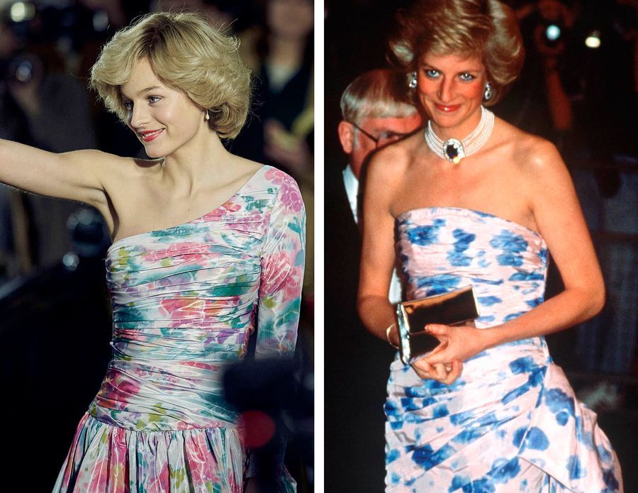 造型17：1989年，戴安娜王妃在倫敦西區出席《Farewell to the King》首映禮，她當日穿著露肩花卉印花禮服，劇中在不同事件中，以這套經典造型向戴安娜王妃致敬。