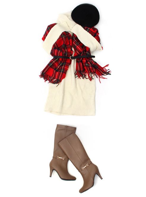 第1位：針織連衣裙x紅色格紋頸巾 - 冠軍就是這款高領針織連衣裙配上紅色格紋頸巾，可以再加上貝蕾帽，戴上皮帶突顯腰部線條！