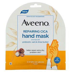 【Aveeno Repairing Cica Hand Mask│售價USD$23.99│容量6 Pair】若你的肌膚屬於容易過敏的狀態，Aveeno的護手膜便很適合你。它以豐富的乳木果油和燕麥成分製成，可溫和滋潤肌膚，無論是一般肌、乾燥肌、敏感肌等都適用，只需使用10分鐘即可為粗糙的肌膚提供高效的保濕與滋潤。