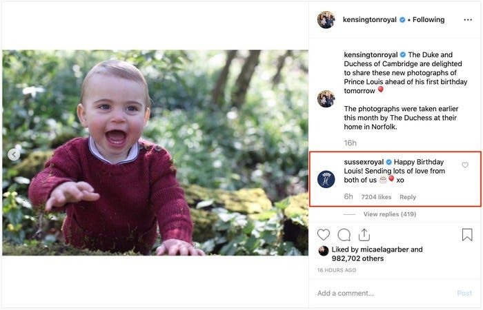 10.在Instagram帳戶發佈了慶祝生日留言 在路易斯王子生日的前夕，官方Instagram帳戶發佈了期照片，梅根與哈利王子在照片下留言寫道「路易斯生日快樂」，部份皇室評論家認為，兩人並沒有稱呼為「路易斯王子」並不恰當。