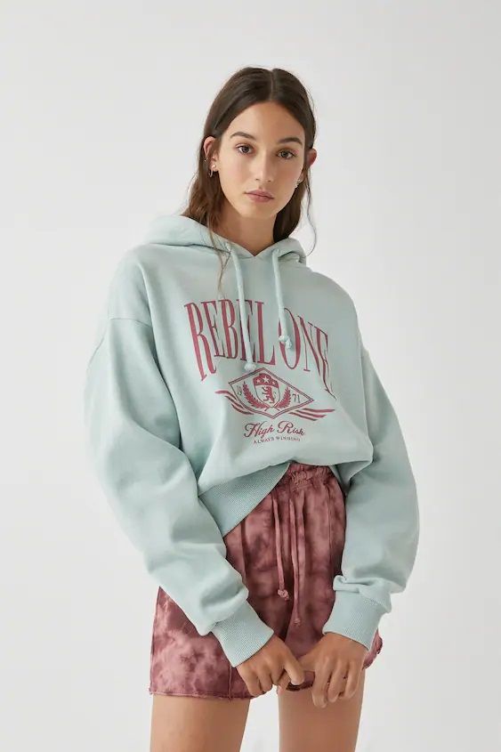Blue hoodie with "Rebel One"湖水綠連帽衫（原價：$229/現售：$199）