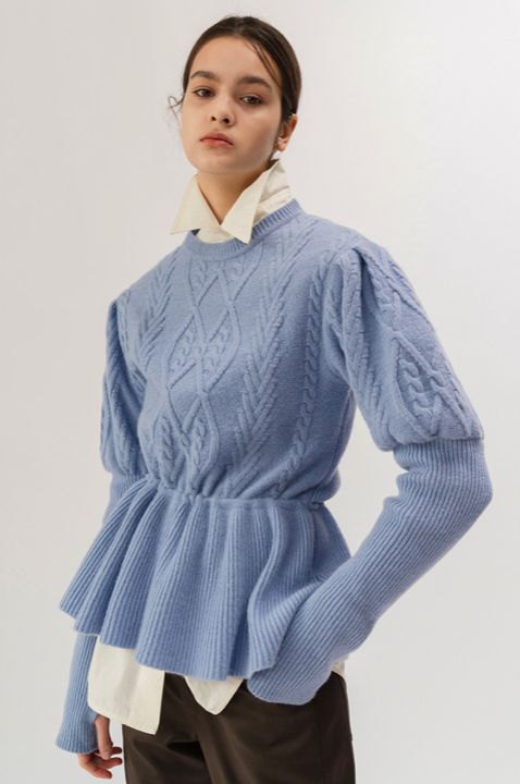 19FW PUFF-SLEEVED CABLE KNIT TOP (SKY BLUE) (₩236,600)