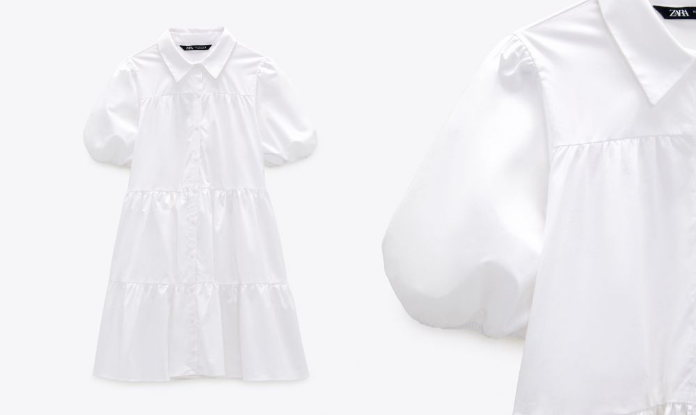 寬襬洋裝 HK$299 圓領蓬蓬短袖連身裙，荷葉邊裙襬，在春日為造型加上一份可愛感吧！