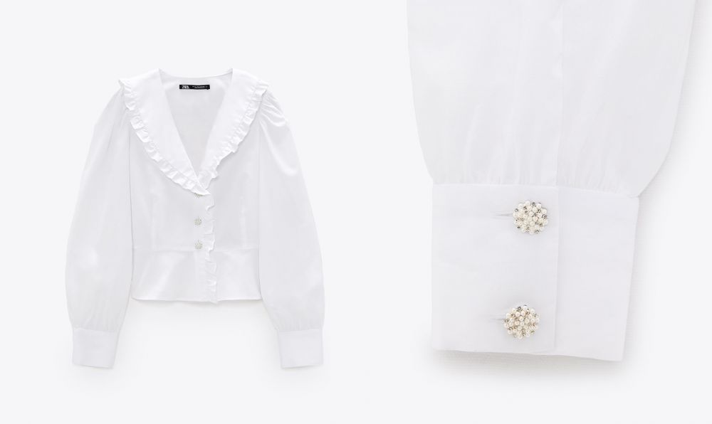 水鑽鈕扣襯衫 HK$299   ZARA今季的人氣款式。時尚大翻領襯衫，添上荷葉邊飾及水鑽鈕扣。