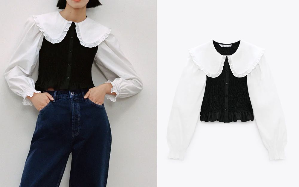 拼接連身裙 (HK$359)：這款娃娃領上衣是緊身設計，黑色的衫身搭配白色衣領和衣袖，感覺十分優雅。
