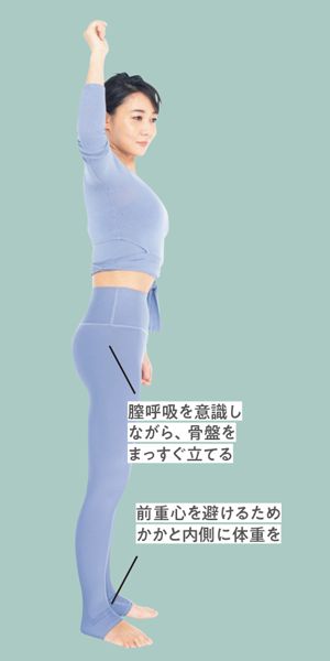 站立時要保持重心在正中間的位置，不要彎腰或是屁股向後蹺，以確保寬關節維持在正確的位置之上。