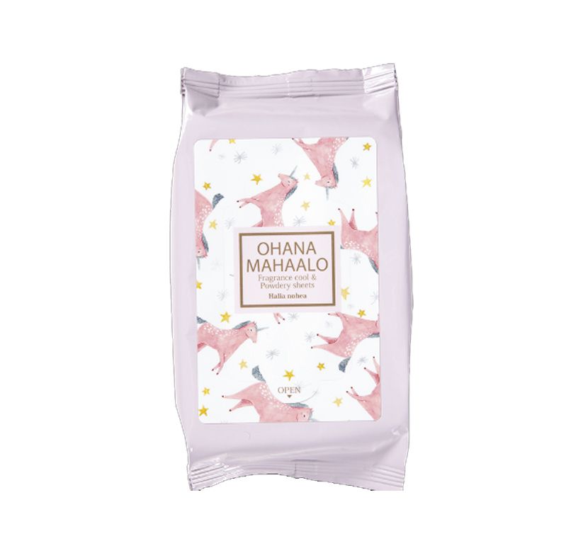 OHANA MAHAALO Halia nohea 香氛爽身粉濕紙巾 (¥495/15片)：除了茉莉花香外，亦有花香、果香和琥珀的混合香氣選擇，十分適合少女感的女生使用。