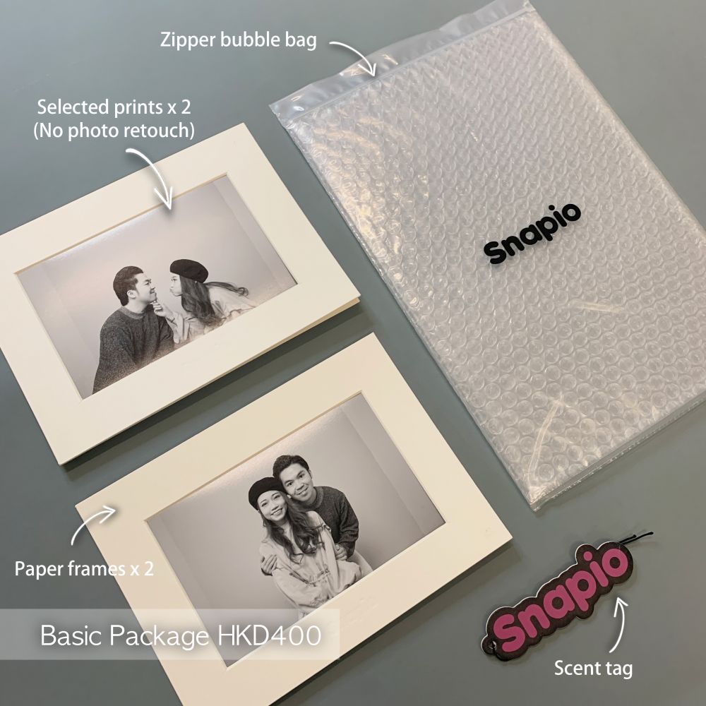 Basic Package HK$400｜30分鐘拍攝 (二人用)、 10cm x 15cm 照片(不連修圖服務)兩張、紙相框兩個、Snapilapse video、Snapio特製香牌
