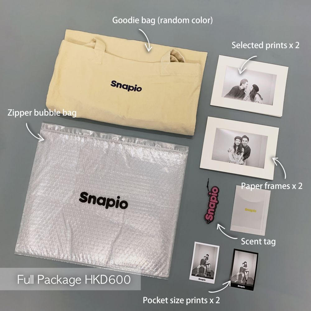 Full Package HK$600｜30分鐘拍攝 (二人用)、 10cm x 15cm 照片(連修圖服務)兩張、紙相框兩個、Snapilapse video、高清電子檔(.jpg) 、 Goodie bag、Snapio特製香牌
