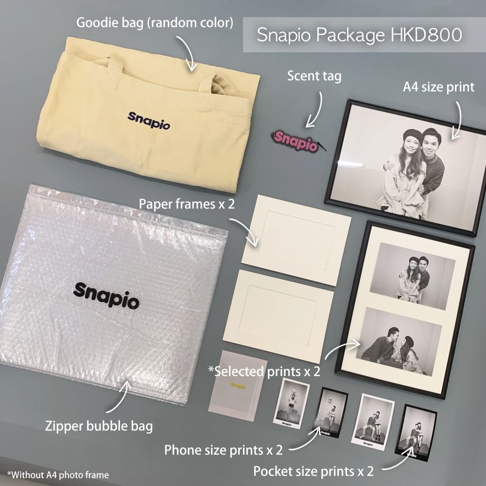 Snapio Package HK$800｜30分鐘拍攝 (二人用)、 10cm x 15cm 照片(連修圖服務)兩張、A4 size照片一張、Pocket size照片兩張、Pocket size照片兩張、紙相框兩個、Snapilapse video、高清電子檔(.jpg) 、 Goodie bag、Snapio特製香牌
