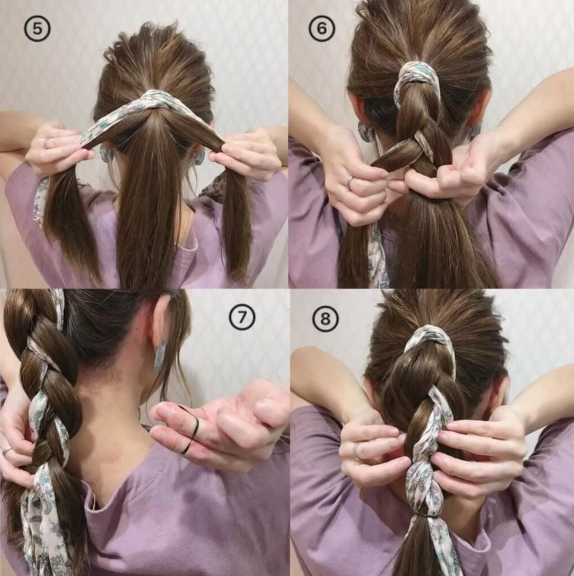 在髮圈位置用絲帶繞一圈，把頭髮分3束，把絲帶加進其中一束。編三股辮，之後再用髮圈固定。可以把絲帶拉出來一點令它更明顯。