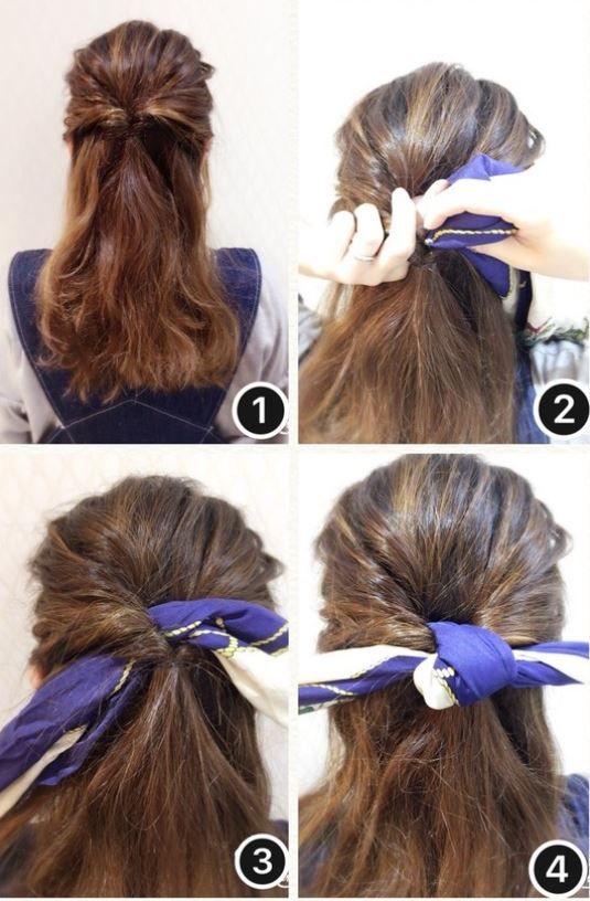 在頭頂左右兩側取一小束頭髮，向內反。  把絲帶從下方向內穿，打一個結固定。