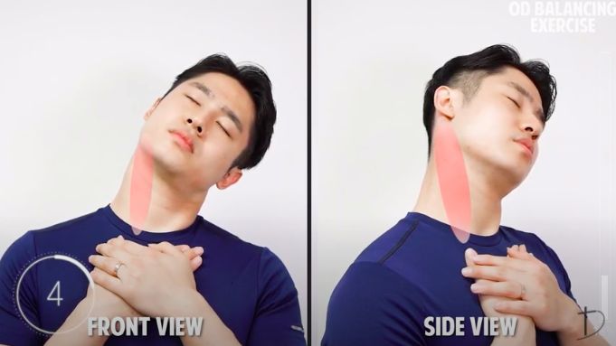先將雙手交叉放在胸部之上，作為固定。頭部向左傾斜，下巴稍微向右上方旋轉，最後則將頭部向後仰，維持動作，令一邊同樣如是。這個動作能夠進一步放鬆「胸鎖乳突肌」。當完成兩邊的動作之後，若果感受到其中一邊特別有緊繃、不適的感覺，可以額外再添加完成多一組動作。