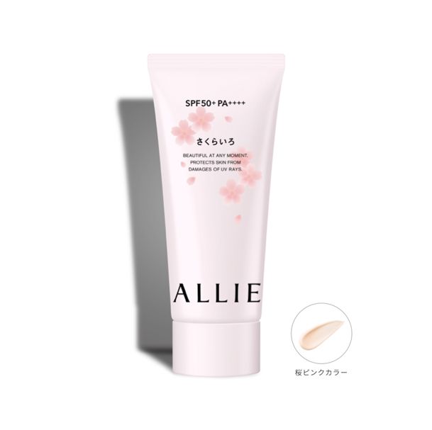 ALLIE Sakura glossy skin finish UV gel (1800円/60g)：ALLIE櫻花底霜散發著淡淡的櫻花香氣，而且妝效十分持久，不易脫妝，同時亦加入了透明質酸成分，有效為肌膚保濕。