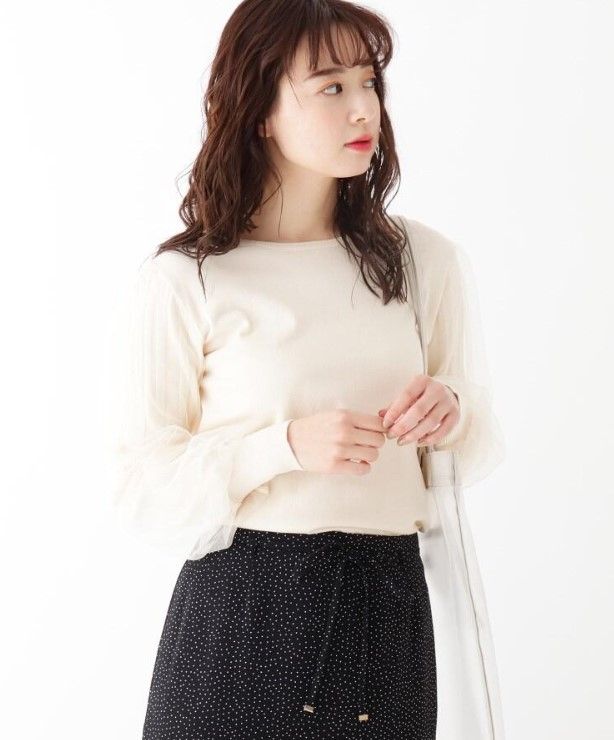 Tulle sleeve puff sleeve knit pullover｜¥3,289