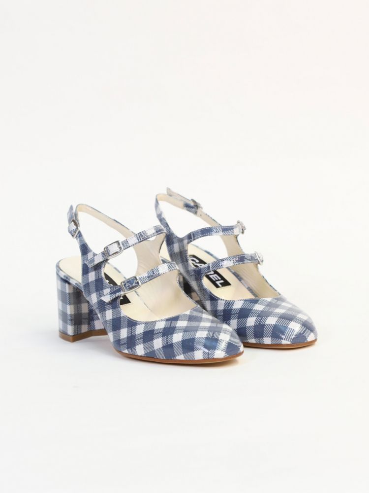 Blue and white vichy patent leather Mary Janes ｜ €325