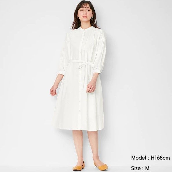 Linen blend band color dress｜¥2,990