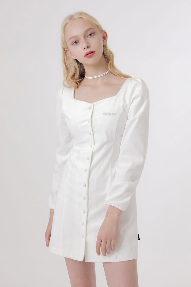 LONELY CLUB Square Neck Drawstring Accent White Dress US$70.00