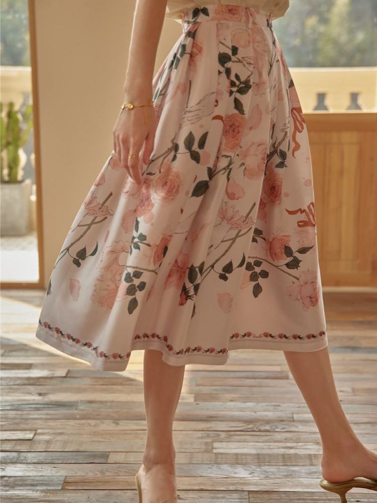 Amira 粉杏色玫瑰花荷葉邊半身裙 | HK$439.99