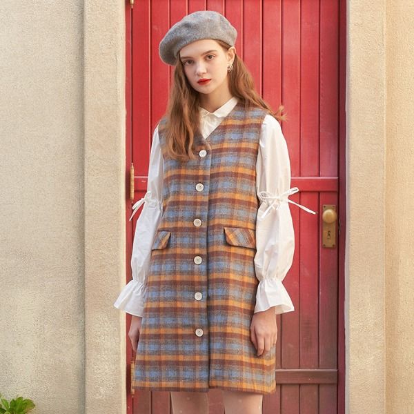 Winter Romance Wool Mini Dress (Retro Check)｜₩58,400