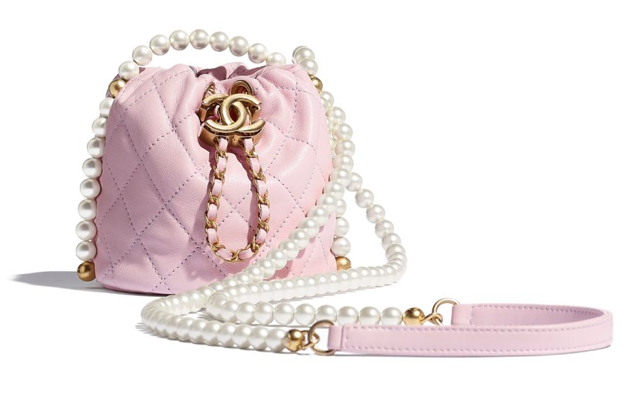 迷你索繩手袋 - 小牛皮、仿珍珠及金色金屬 淺粉紅色 | HK$ 26,100
