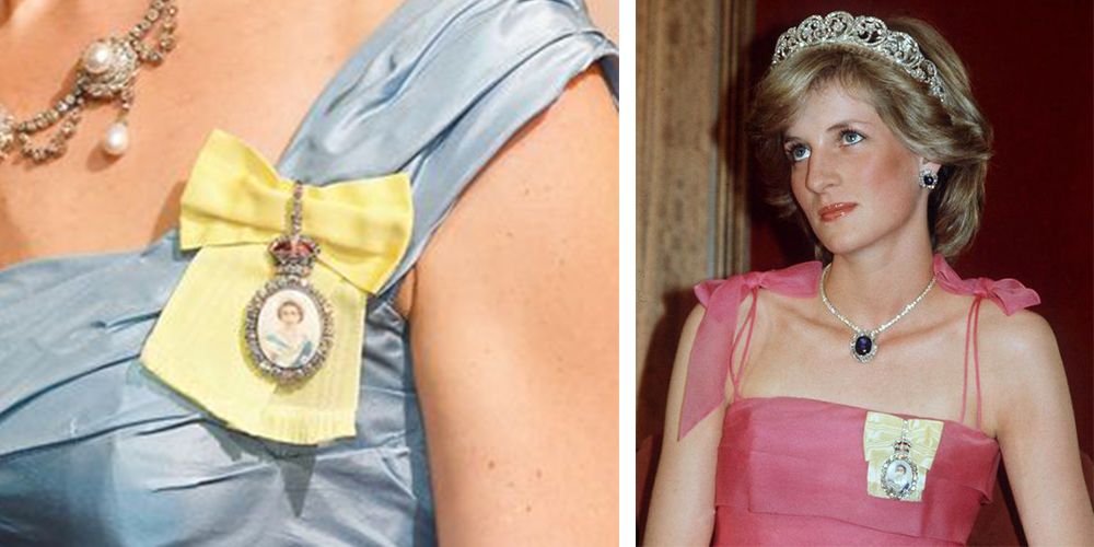 【4. Royal Family Order of Queen Elizabeth II】 皇室勳章胸針由黃色絲帶以及鑲有鑽石的女王的頭像所組成，2018年10月出席在白金漢宮舉行的國宴，凱特王妃首次將胸針戴在外交招待會場合。