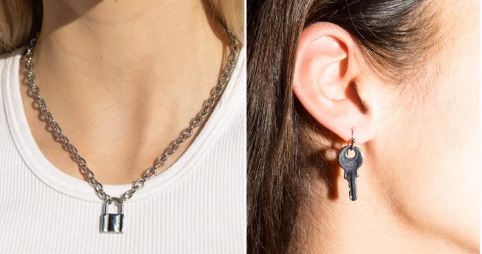 Lock Chain Necklace $100；Key Earrings $40