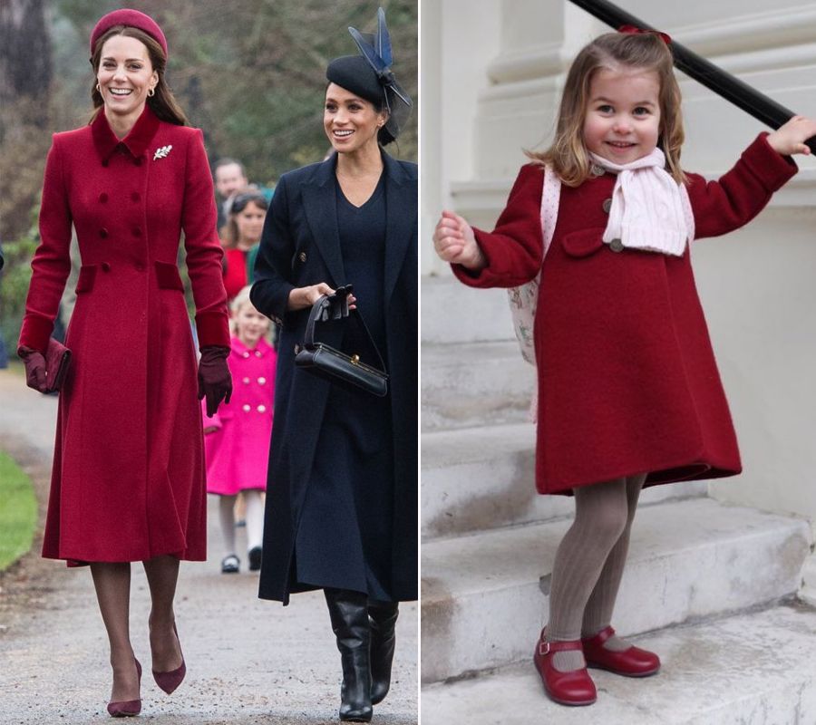 凱特王妃頭帶紅色的帽，身穿同色的長褸，下身穿灰棕色絲襪和紅色高踭鞋。而夏洛特公主也頭戴紅色頭飾，身穿同色的長褸，下身穿灰色絲襪和紅色圓頭小皮鞋。
