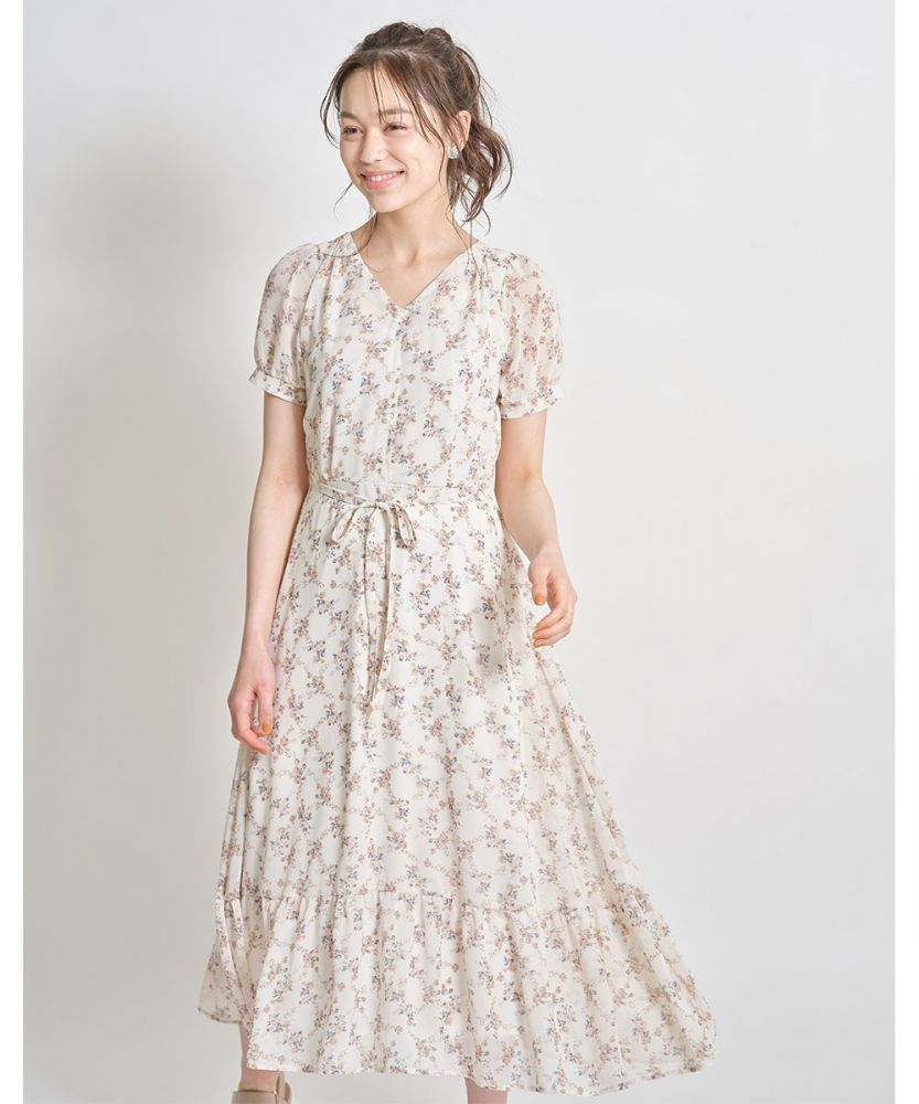 Pearl decoration flower print dress with waist ribbon｜3,900円