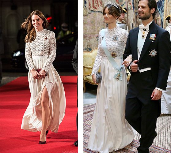 【5. 凱特王妃、蘇菲亞王妃】凱特王妃（Kate Middleton）於2016年穿上Self-Portrait的白色長禮服，看起來時尚又高貴。而瑞典蘇菲亞王妃（Princess Sofia）則在2019年國宴上穿著同款禮服，不過她就在禮服作出微調，捨棄了前開衩設計，令禮服更顯端莊典雅。