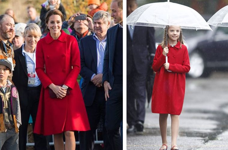 【3. 凱特王妃、蘇菲亞公主】凱特王妃（Kate Middleton）於2016年9月訪問加拿大時，穿著Carolina Herrera的紅色大衣，讓人眼前一亮之餘，卻又不失王室氣派。事隔一個月，西班牙蘇菲亞公主（Princess Sofia）參與國慶閱兵禮時亦穿上同款大衣，搭配有紅色繫帶的平底鞋，看起來可愛感十足。