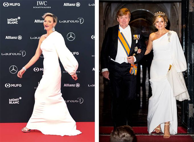 【4. 麥西瑪王后、夏琳王妃】這款白色斜肩禮服同樣是來自Stella McCartney設計師的作品，摩納哥夏琳王妃（Princess Charlene）於2018年頒獎典禮上率先穿著它。隔年4月，荷蘭麥西瑪王后（Queen Maxima）穿著同款禮服出席阿姆斯特丹的盛大晚宴。