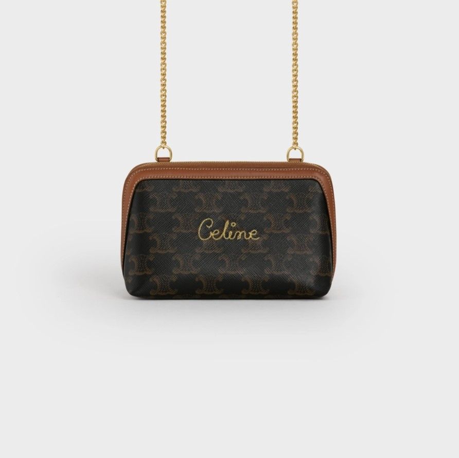 CLUTCH WITH CHAIN IN TRIOMPHE CANVAS WITH EMBROIDERED CELINE TAN｜HK$ 6,300／16 X 11 CM