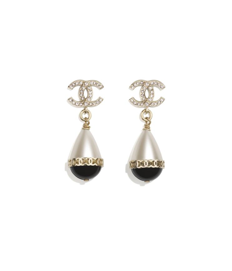 耳環 金屬、仿珍珠及水晶 金、珍珠白、黑色及水晶  HKD 3,900 